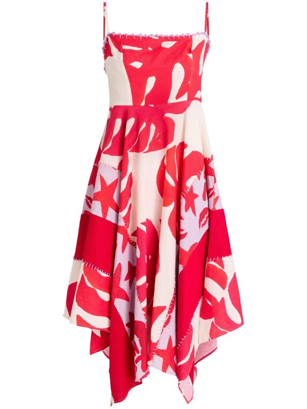 NWT FARM RIO Mixed Red Monstera Linen Blend Asymmetrical Midi Dress - L